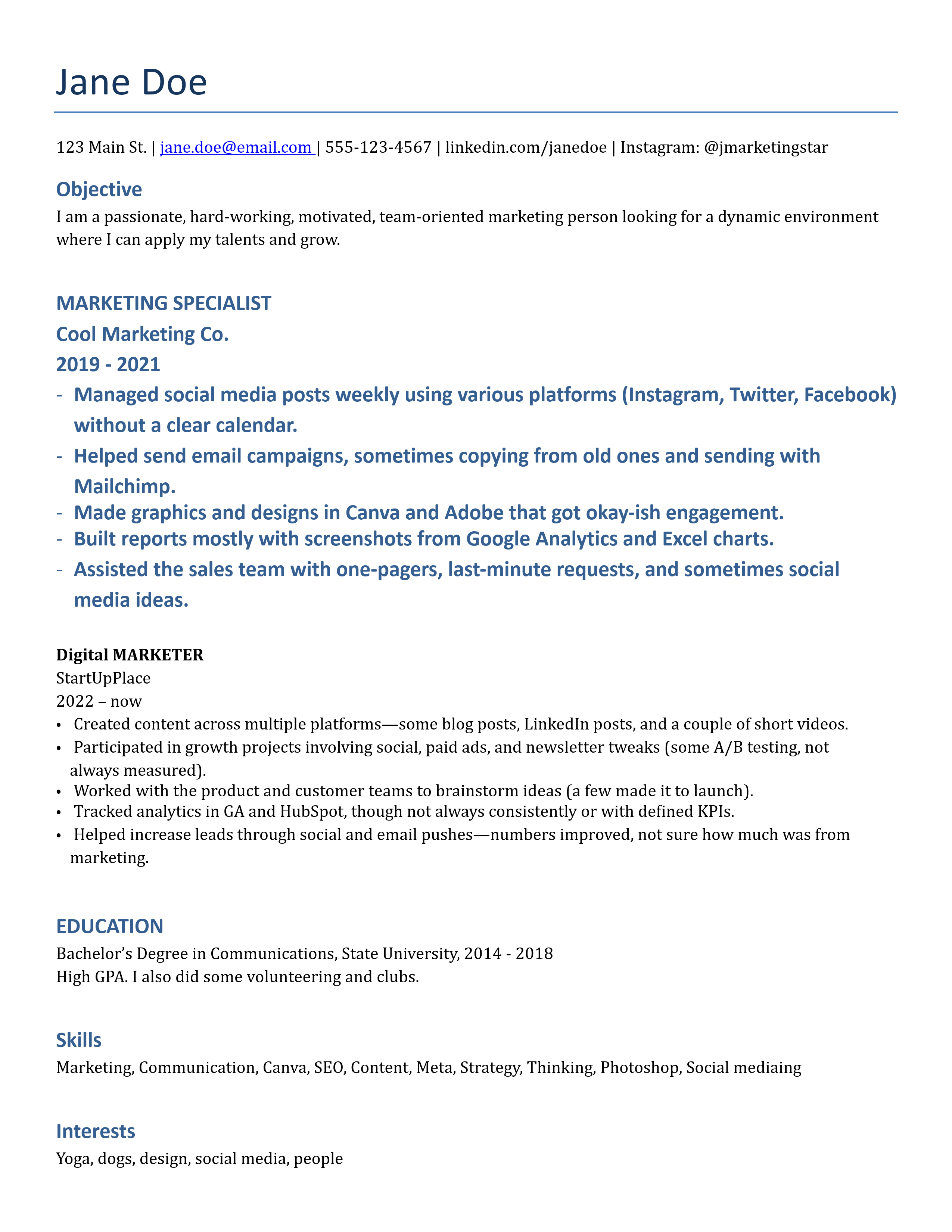 Resume with common mistakes